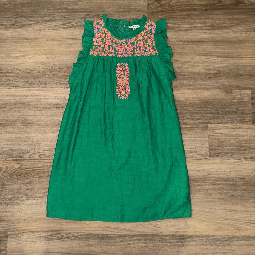 THML Green Embroidered Ruffle Sleeve Dress Floral Boho Size S
